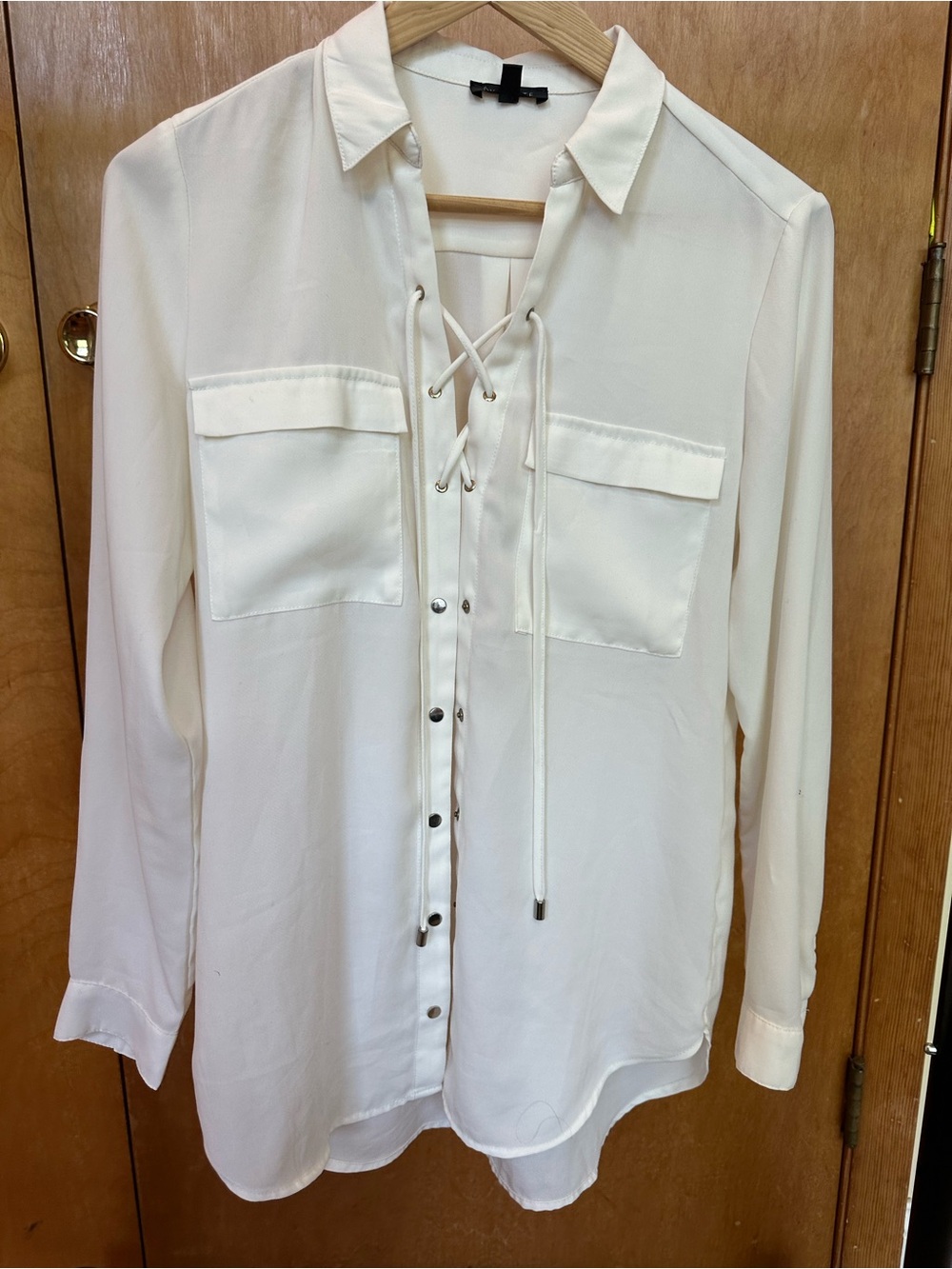 Dynamite Lace-Up Button Down Blouse - Cream